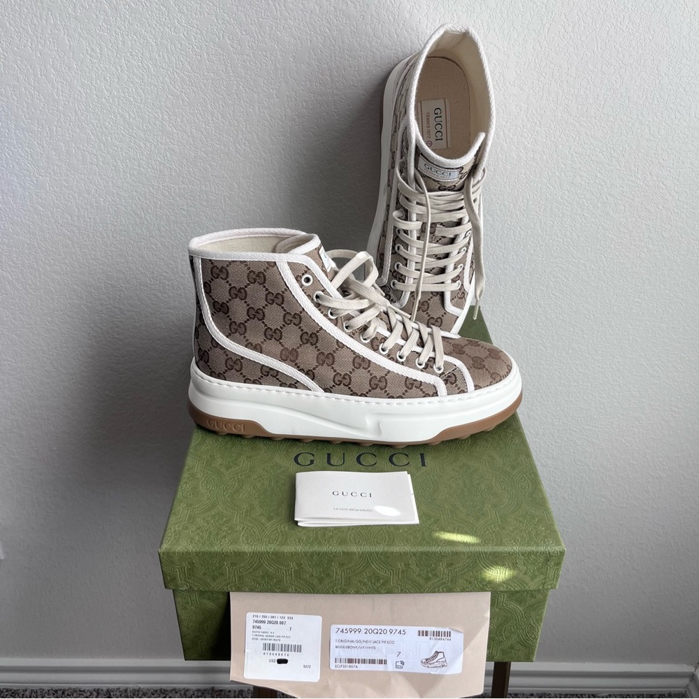 SOLD NEW Gucci 1977 Tennis High Top GG Monogram Sneakers UK M 7 / US M 8 / W 10 - Picture 1 of 16